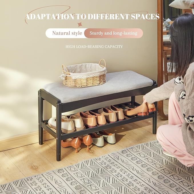 STDDRE Shoe Bench Entryway Bamboo 2-Tier Shoe Rack with Cushion Padded Seat Shoe Bench Organizer Stable for Hallway, Living Room, Bedroom(31.5 * 11.4 * 16.5IN, Black-Gray)