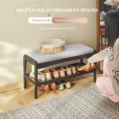 STDDRE Shoe Bench Entryway Bamboo 2-Tier Shoe Rack with Cushion Padded Seat Shoe Bench Organizer Stable for Hallway, Living Room, Bedroom(31.5 * 11.4 * 16.5IN, Black-Gray)