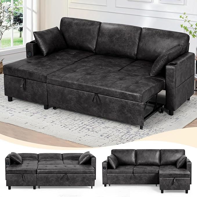 84" Suede Leather Pull Out Sofa Bed w/Adjustable Backrest, Sectional Sleeper Couch w/Storage Chaises and Armrest Pillows, U-Shape Sofa Bed w/USB Port for Living Room, House, Black