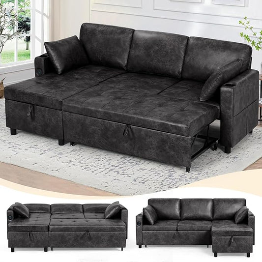 84" Suede Leather Pull Out Sofa Bed w/Adjustable Backrest, Sectional Sleeper Couch w/Storage Chaises and Armrest Pillows, U-Shape Sofa Bed w/USB Port for Living Room, House, Black