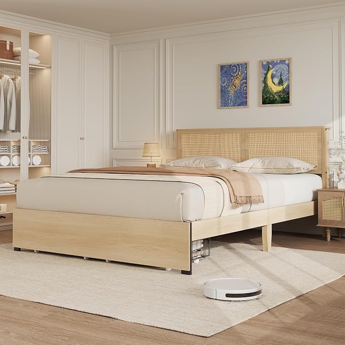 GarveeHome Full Platform Bed Frame, Full Size Bed Frame with Natural Rattan Headboard, Cane Bed Frame with 2 Storage Drawers and Strong Wood Slats Support, Noise Free, No Box Spring Needed