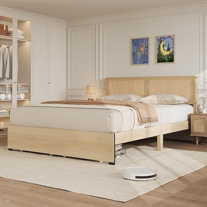 GarveeHome Queen Platform Bed Frame, Queen Size Bed Frame with Natural Rattan Headboard, Cane Bed Frame with 2 Storage Drawers and Strong Wood Slats Support, Noise Free, No Box Spring Needed