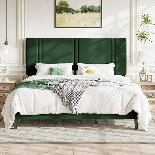 Allewie King Size Platform Bed Frame with Adjustable Headboard, Plush Velvet Upholstered, Vertical Channel Tufted, Sturdy Wooden Slats, No Box Spring Needed, Easy Assembly, Green