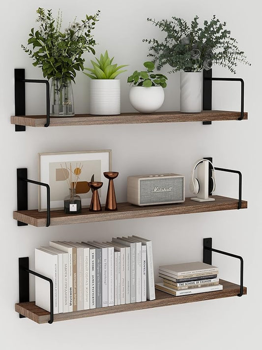 Floating Shelves, 24 Inches Easy to Install Wall Mounted Shelves, Set of 3, Rustic Wood Shelves for Wall Decor, Storage Shelves for Living Room (Brown)
