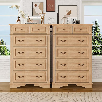 Farmhouse Dresser and Nightstand Sets, 6-Drawer Sets, 2 Pieces Rustic Wood Bedroom Furniture Set for Home, Bedroom, Hallway（Natural）