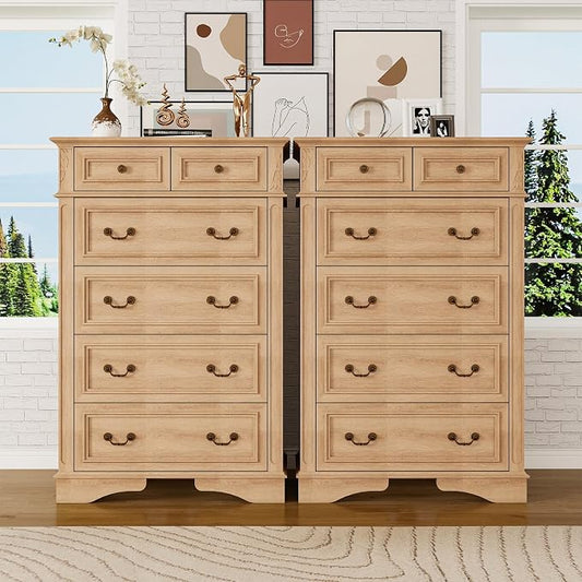 Farmhouse Dresser and Nightstand Sets, 6-Drawer Sets, 2 Pieces Rustic Wood Bedroom Furniture Set for Home, Bedroom, Hallway（Natural）