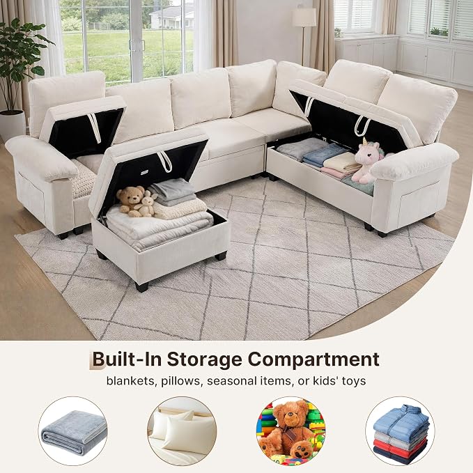 108" Modular Sectional Sofa Bed with Storage, L Shaped Pull Out Couch, Removable Chenille Sofa Cover for Living Room(Beige, 7 Seat)