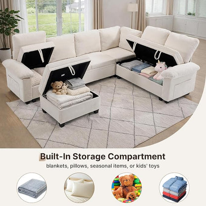 108" Modular Sectional Sofa Bed with Storage, L Shaped Pull Out Couch, Removable Chenille Sofa Cover for Living Room(Beige, 7 Seat)