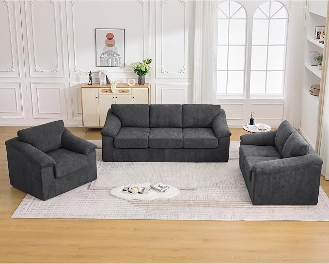 Oversized Boneless Couch Sets, Modern 3 Seater Sofa, Loveseat Sofa with Accent Chair, Floor Cloud Couch Sets with Extra Comfy Soft Deep Seats for Living Room, No Assemby, Set of 3, Dark Gray