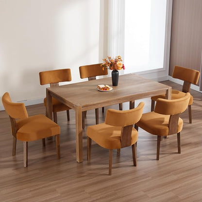 RIVOVA Set of 6 Modern Dining Chairs, Farmhouse Velvet Upholstered Dining Room Chairs Kitchen Chairs Side Armless Chairs with Curved Backrest Wood Legs, Yellow Brown