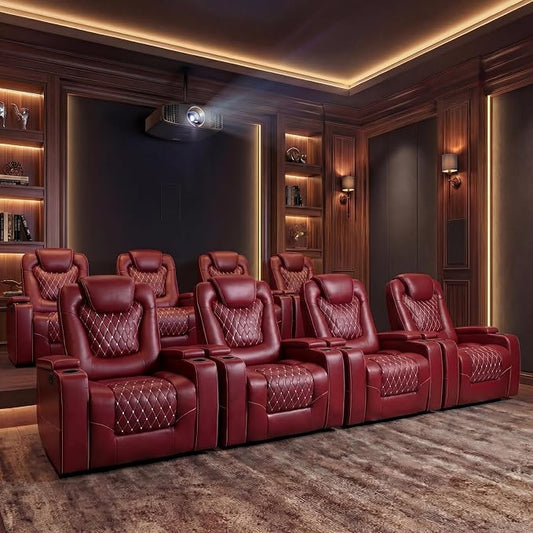ANJ Power Recliner Chair Set of 8, Electric Soft Faux Leather Reclining Home Theater Seating - USB Ports, Cup Holders, Hidden Arm Storage Movie & Media Room Chairs (Red)
