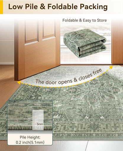 RELEANY Area Rugs 8'x10' Washable Non-Slip, Floral Vintage Distress Medallion Carpet for Living Room Bedroom Dining Room, Dark Green Gray