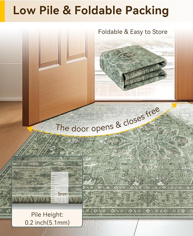 RELEANY Area Rugs Runner 2'6"x5' Washable Non-Slip, Floral Vintage Distress Medallion Carpet for Kitchen Hallway Bedroom Beside Laundry Room Bathroom, Dark Green Gray