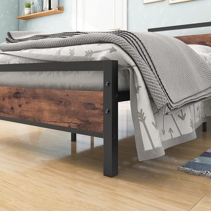 BOFENG Twin Size Bed Frame with Vintage Wood Headboard Farmhouse Bed,Heavy Duty Metal Platform Single Bed Frames No Box Spring Needed,Firm Mattress Foundation Steel Slat Support Easy Assembly(Brown)