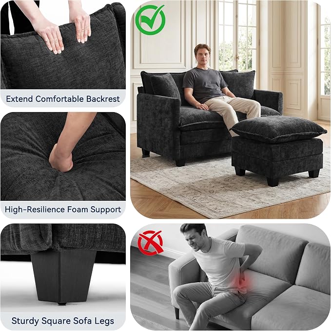 L-Shape Loveseat Sofa Couch with Ottoman, Small 50" Love Seat 27" Deep Cloud Sofa Washable Chenille Pillow for Apartment Bedroom Dorm Attic Studio Office Living Room Small Space 8833-BLACK-L