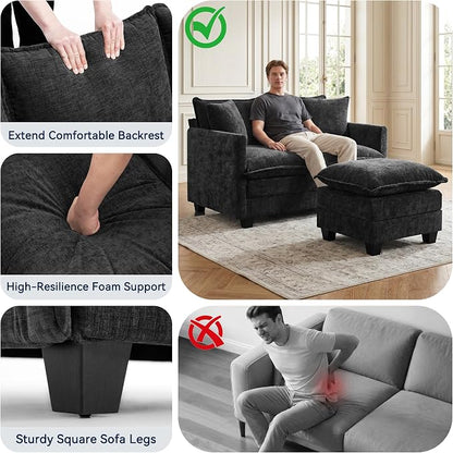 L-Shape Loveseat Sofa Couch with Ottoman, Small 50" Love Seat 27" Deep Cloud Sofa Washable Chenille Pillow for Apartment Bedroom Dorm Attic Studio Office Living Room Small Space 8833-BLACK-L