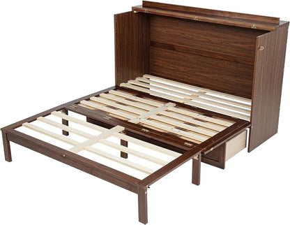 PVWIIK Queen Size Murphy Bed Cabinet with Power Station & Large Drawer for Bedroom,Pine Wood Folding Chest Bed with Rattan Panel, Space-Saving Wall Bed, Walnut