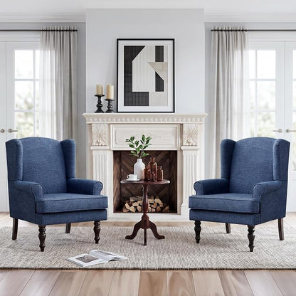 HUIMO Printed Wingback Accent Chair, Linen Upholstered High Back Armchair, Comfy Reading Chair for Living Room Bedroom Study, 300lbs Weight Capacity (2, Navy Blue)