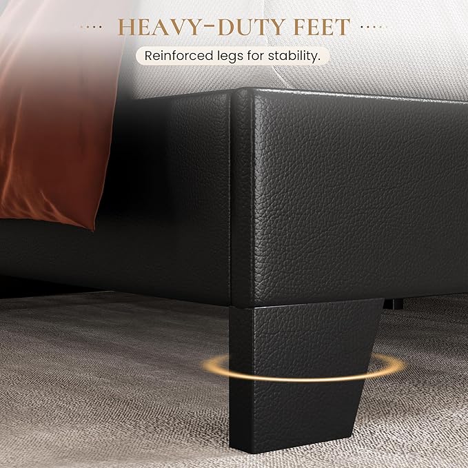 SHA CERLIN PU Leather Upholstered Full Size Bed Frame with Headboard, Black | Adjustable Low-Profile Platform Bed, Minimalist Design, Stable Mattress Foundation, Strong Back-Support, No Box Spring Needed