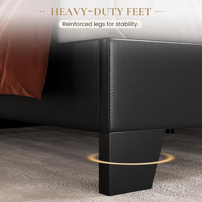 SHA CERLIN PU Leather Upholstered Queen Size Bed Frame with Headboard,Black | Adjustable Low-Profile Platform Bed, Minimalist Design, Stable Mattress Foundation, Strong Back-Support, No Box Spring Needed