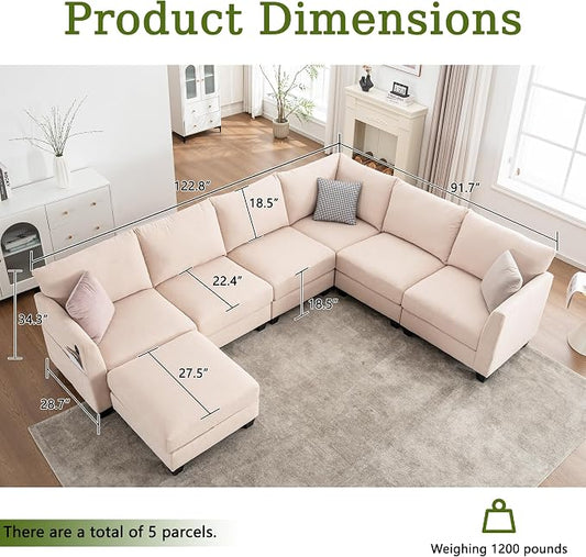 122.8" Large Sectional Couches for Living Room, 6 Seater L Shaped Modular Sectional Sofa with Storage Ottoman & USB, Oversized Corner Couch for Living Room（Beige）