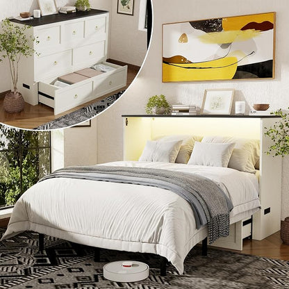 Ihanherry Queen Murphy Bed with Storage Drawer, Farmhouse Cabinet Bed with LED Lights & Charging Station, Space Saving Wall Bed for Small Bedroom/Home Office, Noise Free & Easy Assembly, Rustic White