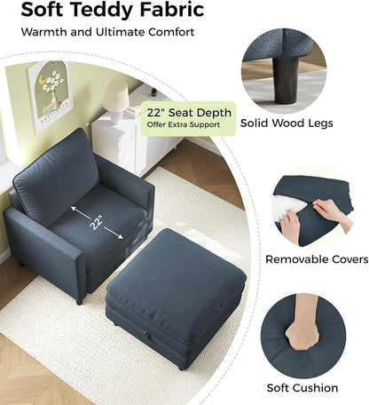 Welzona 3-Layers Cloud Accent Chair with Ottoman, 33" Comfy Reading Chair for Bedroom, Living Room, Tool-Free Assembly with Teddy Fabric Arm Chairs and Ottoman Set, Blue Grey, Removable Washable Cover