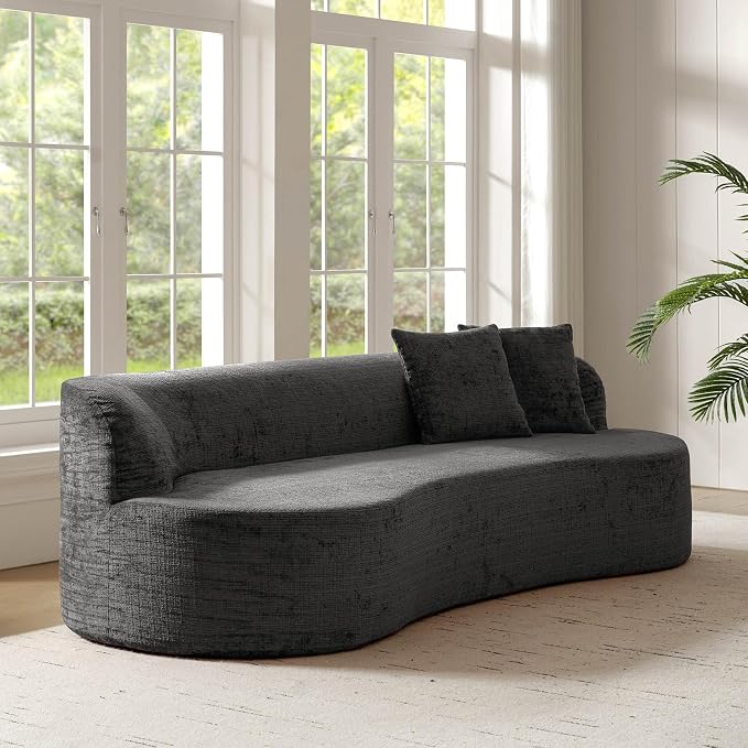 95" Modern Curved Compressed Sofa, All-Foam 3-Seater Cloud Couch with 2 Pillows, No Assembly Required Boneless Sofas for Living Room, Charcoal