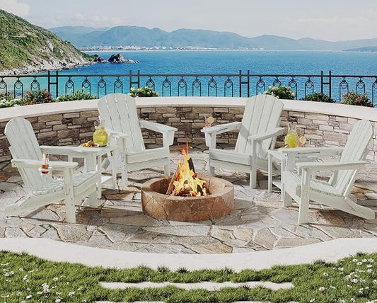 GarveeLife Folding Adirondack Chair Set of 4 with 2 Side Table, All-Weather HDPE Outdoor Chair, Wooden Textured with Cup Holder for patios, Decks, Gardens, fire pits, White