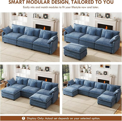 WorthFurni 111.4” Cloud Couch, Modular Sectional Sofa with Ottoman, Comfy Modern 3-Seater Couches with Pillows & Upholstered Deep Seat Cushion for Apartment Living Room Bedroom (Blue)