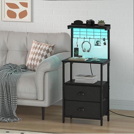 sthmec Bedside Tall Nightstands with Charging Station, LED Bedside Table for Bedroom - 2 PU Fabric Drawers, Hooks, USB/Type-C Ports & Open Bedside Shelves, Black