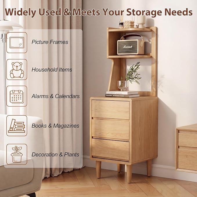 Solid Wood Bookshelf with Drawers,Narrow bookcase with Storage Shelves,Tall Nightstand with Drawers,Mid Century Modern Nightstand,Open Shelf Bookcase,Small Book Shelf for Bedroom,Living Room,Offices