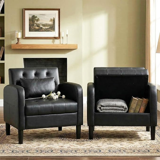 TYBOATLE Leather Accent Chairs Set of 2 w/Storage, Comfy Modern Living Room Chairs, Black Accent Chair Set of 2, Armchair for Bedroom, Office, Waiting Room