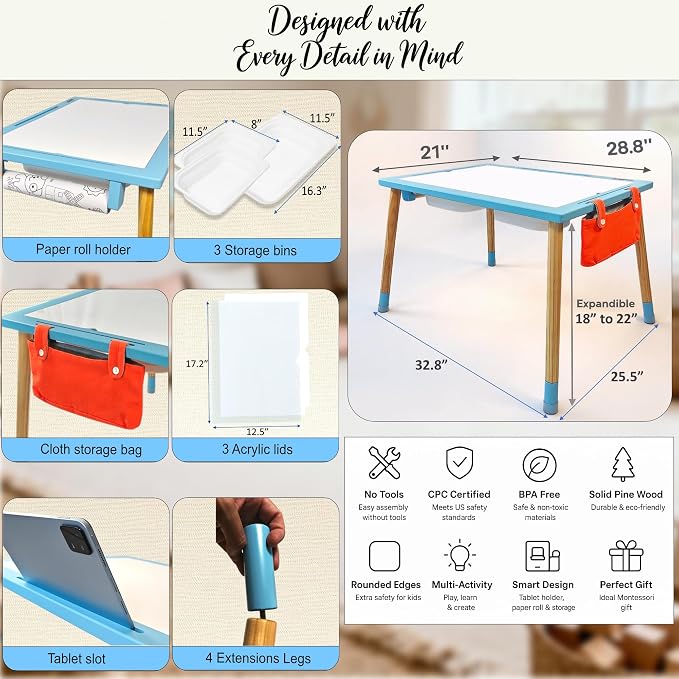 Blue Sensory Table for Toddlers – Montessori Activity Table with 3 Bins, 2 White Acrylic Lids, Transparent Lid, Paper Roll Holder, Wooden Inserts, Storage Bag & Adjustable Heights