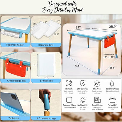 Blue Sensory Table for Toddlers – Montessori Activity Table with 3 Bins, 2 White Acrylic Lids, Transparent Lid, Paper Roll Holder, Wooden Inserts, Storage Bag & Adjustable Heights