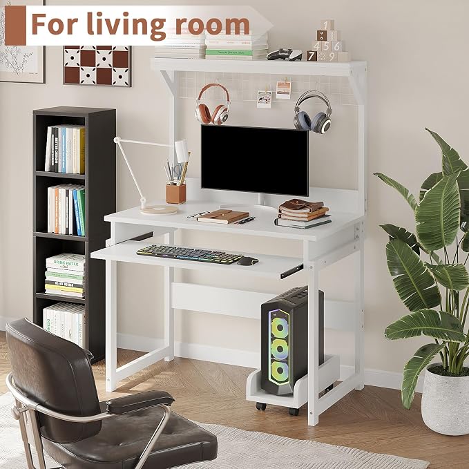 ALISENED 31.5" Small Computer Desk with Hutch, Office Desk with Workstation PC Table, Keyboard Tray & Storage for Gaming, Working, Studying, Space-Saving Design, Easy Assembly，White