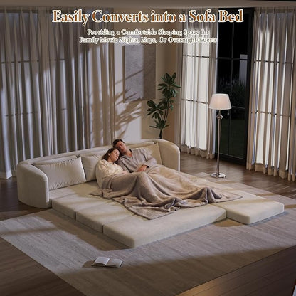 Vesgantti 110.2" Boneless Sectional Couch with Curved Armrest, 6 in 1 Convertible Folding Sleeper Sofa Bed, Chenille Modular Sofa for Living Room, No Assembly Required, Beige, Right Facing Chaise