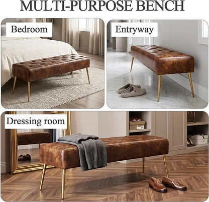 DUHOME Button-Tufted Ottoman Bench, Upholstered Bedroom Benches with Gold Legs Faux Leather Bench for Entryway Dining Room Living Room Bedroom End of Bed, Yellowish Brown