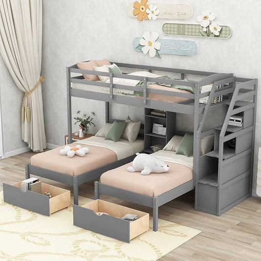 VilroCaz Twin Size Triple Bunk Bed with Drawers and Staircase, Solid Wood Bunk Bed Frame with Safety Full-Length Guardrail and Built-in Shelves, 3 Beds in 1 for Kids Teens Adults