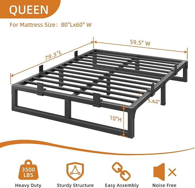 Queen Bed Frame, 10 Inch Metal Platform Bed Frames with Squeak Free U-Slot Design, 6 Non-Slip Guards, 3500lbs Heavy Duty Steel Slat Support, No Box Spring Needed, Under Bed Storage, Black