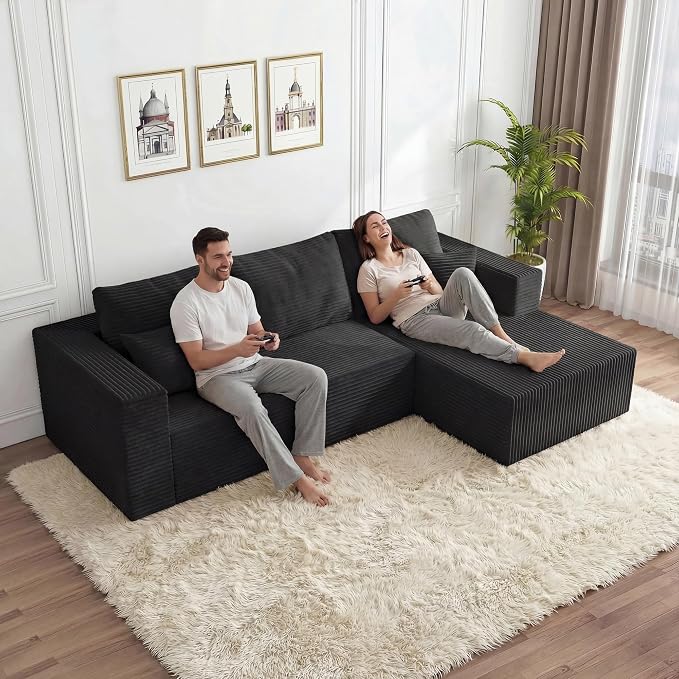 108" Modular Sectional Sofa, L-Shaped Cloud Couch with Deep Seats & Chaise, Convertible 4-in-1 Corduroy Boneless Couches for Living Room, Bedroom, No Need Assembly,Black(Right Facing Chaise)