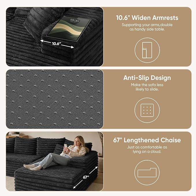 2" Corduroy Boneless Couches for Living Room, L Shape Sofa with Chaise | 102.4" Modular Sectional Sofa, Cloud Couch Sectional with Deep Seat, No Assembly, Black, Right Chaise