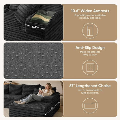 2" Corduroy Boneless Couches for Living Room, L Shape Sofa with Chaise | 102.4" Modular Sectional Sofa, Cloud Couch Sectional with Deep Seat, No Assembly, Black, Right Chaise