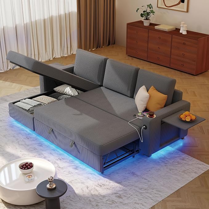 Ball & Cast 80" Sectional Sleeper Sofa Bed Pull Out Couches for Living Room | L Shaped Convertible Pull Out Sofa Bed with Storage Chaise, LED Lights, Foldable Table, USB Ports, Cup Holder and Side Pocket