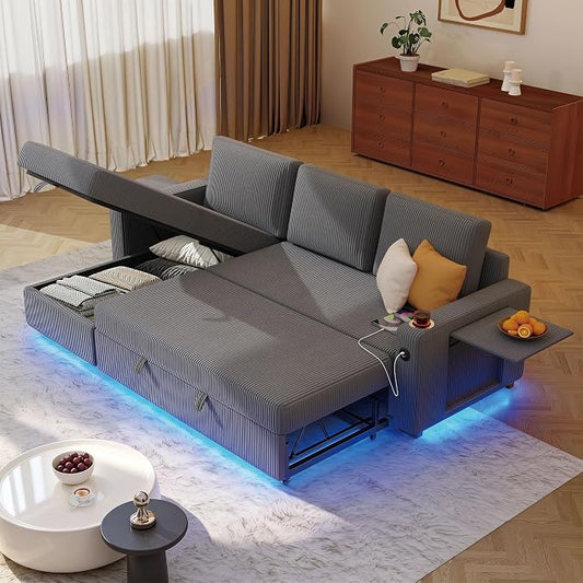 Ball & Cast 80" Sectional Sleeper Sofa Bed Pull Out Couches for Living Room | L Shaped Convertible Pull Out Sofa Bed with Storage Chaise, LED Lights, Foldable Table, USB Ports, Cup Holder and Side Pocket