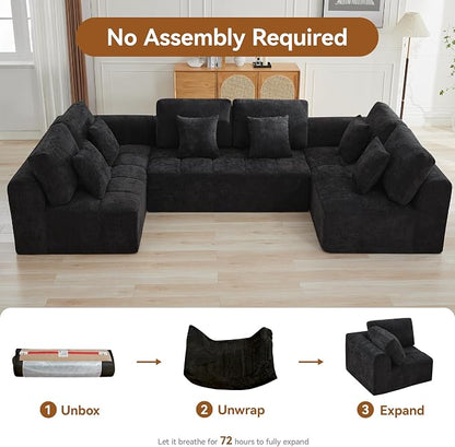 140''Modular Sectional Couches for Living Room, Cloud Boneless Compressed Sectional Sofa, Oversized U Shaped 6 Seater Upholstered Memory Foam Sofa, No Assembly, Chenille Black