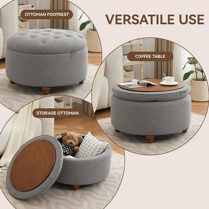 WUTUTUEE 30Inch Round Storage Ottoman with Tray, Modern Tufted Fabric Circle Coffee Table with Storage, Upholstered Ottoman with Removable Top for Living Room, Bedroom, Light Grey