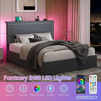SHA CERLIN Full Size Hydraulic Lift-Up Storage Platform Bed Frame with Charging Station, RGB LED Lights, Adjustable Velvet Headboard, USB-A and USB-C Ports, No Box Spring Needed, Grey