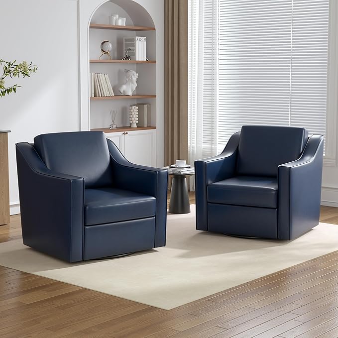 Swivel Accent Chairs Set of 2, 360° Swivel Upholstered Faux Leather Club Armchairs for Living Room, Comfy Single Sofa Reading Chair with Deep Seat, Metal Swivel Base, Navy