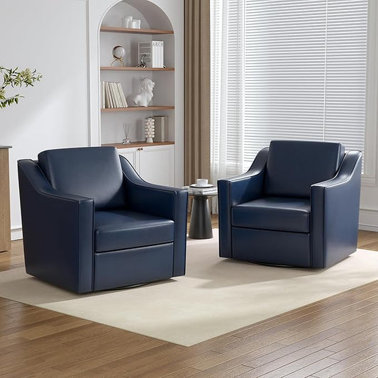 Swivel Accent Chairs Set of 2, 360° Swivel Upholstered Faux Leather Club Armchairs for Living Room, Comfy Single Sofa Reading Chair with Deep Seat, Metal Swivel Base, Navy